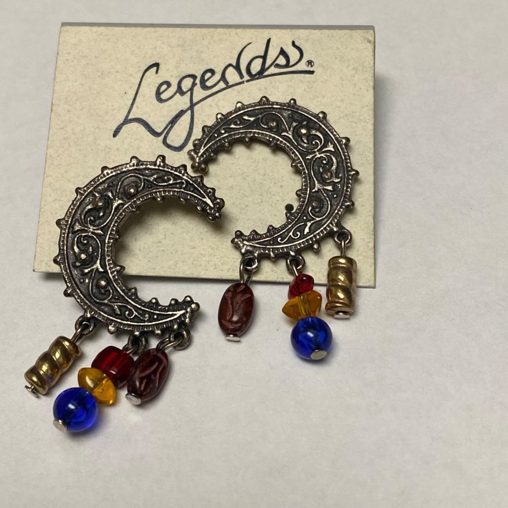 Legends Crescent Moon Shape Silver Tone Metal Pierced Post Earrings with Dangles - Picture 11 of 16